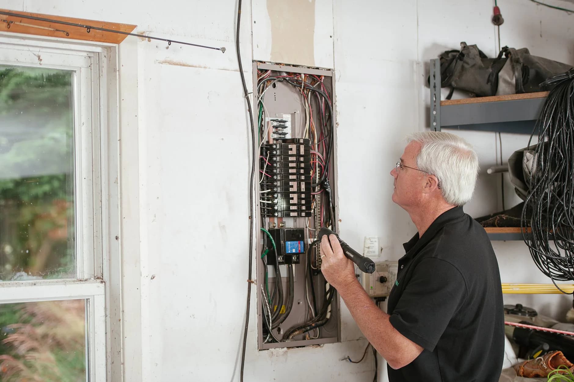 An electrician working inside an opened residential electrical panel