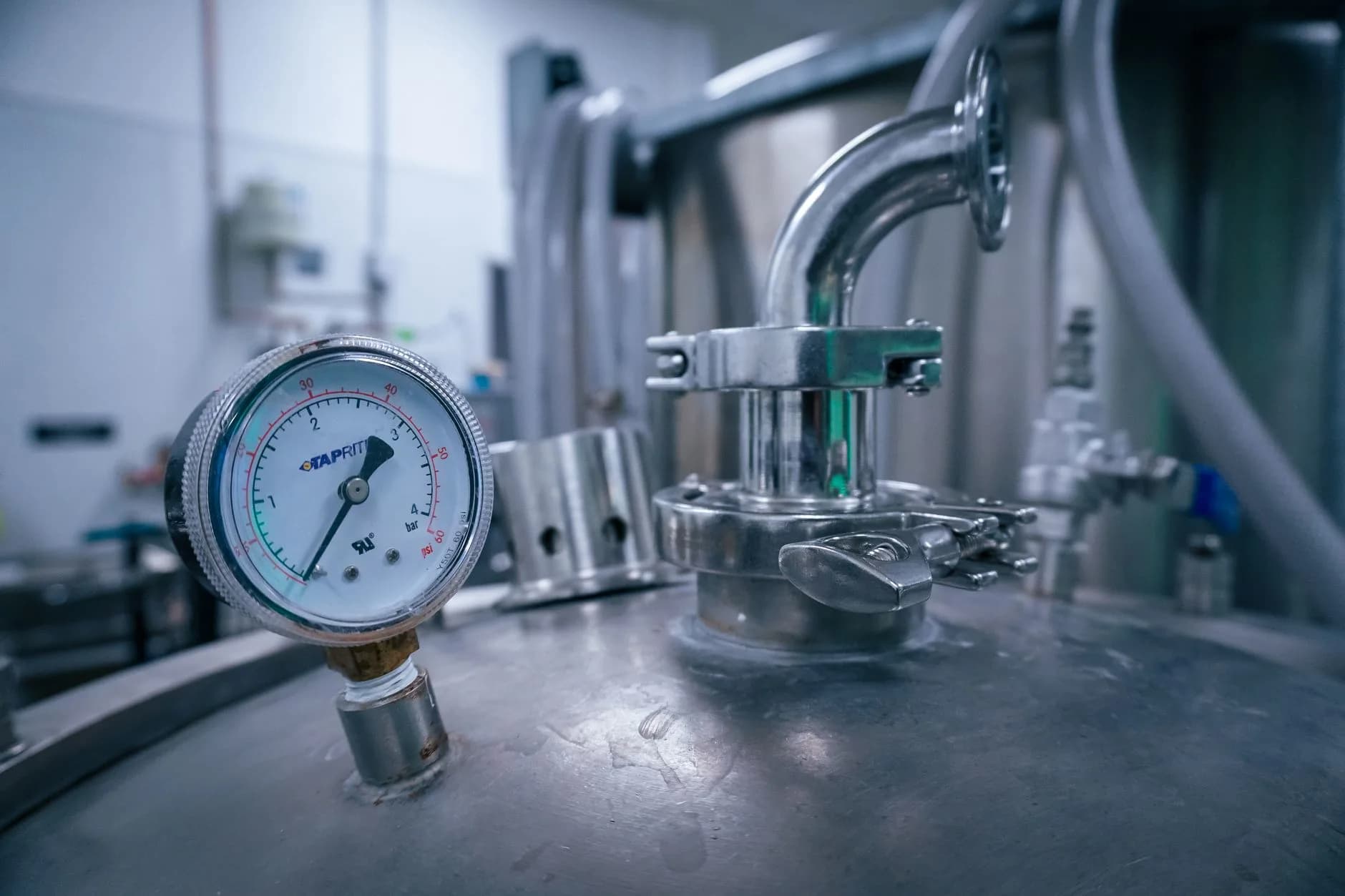 A pressure gauge on a tank
